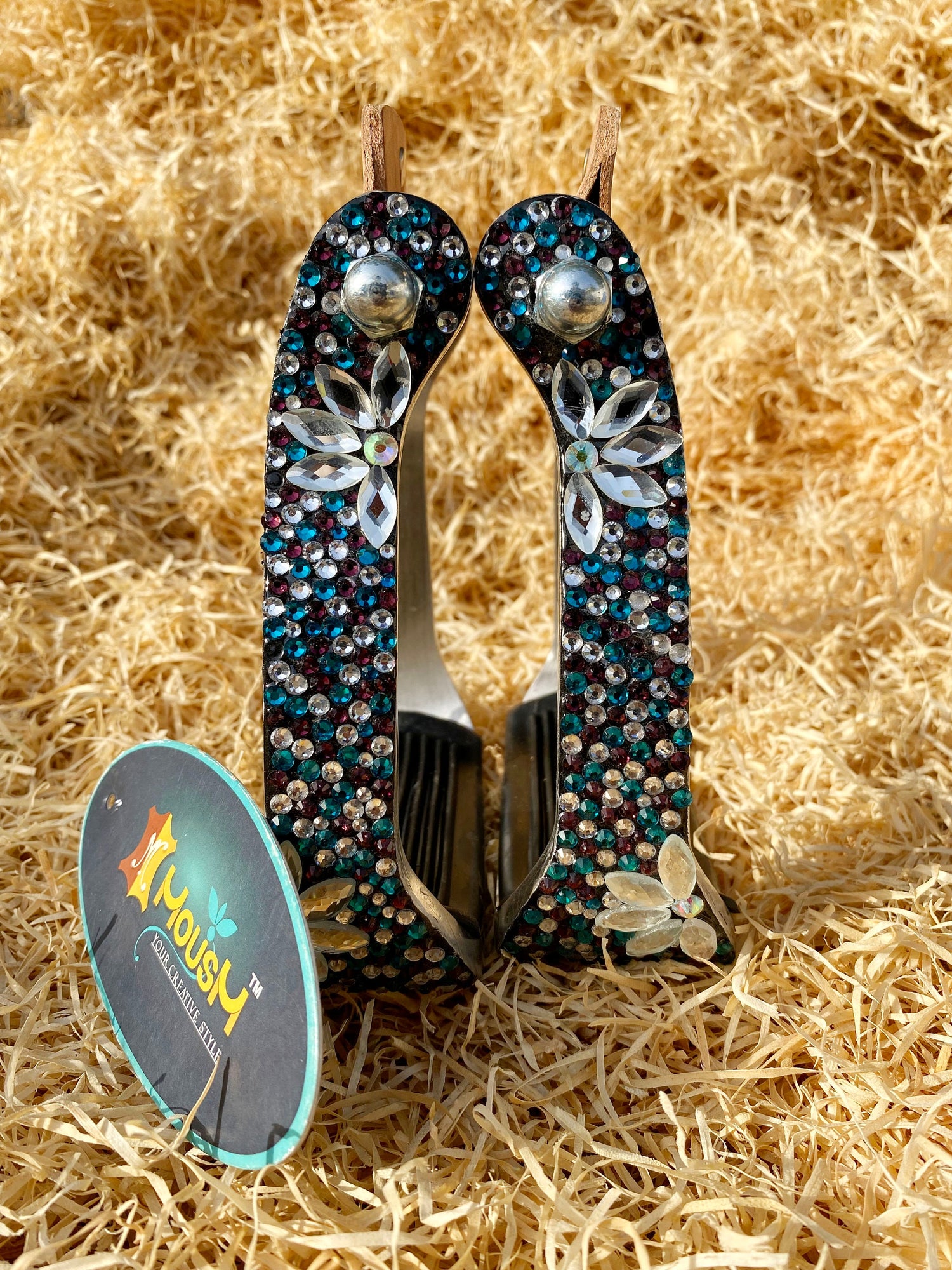 Stirrups come accented with premium glittering blue black brown white rhinestones with silver flower studs by  MOUSM