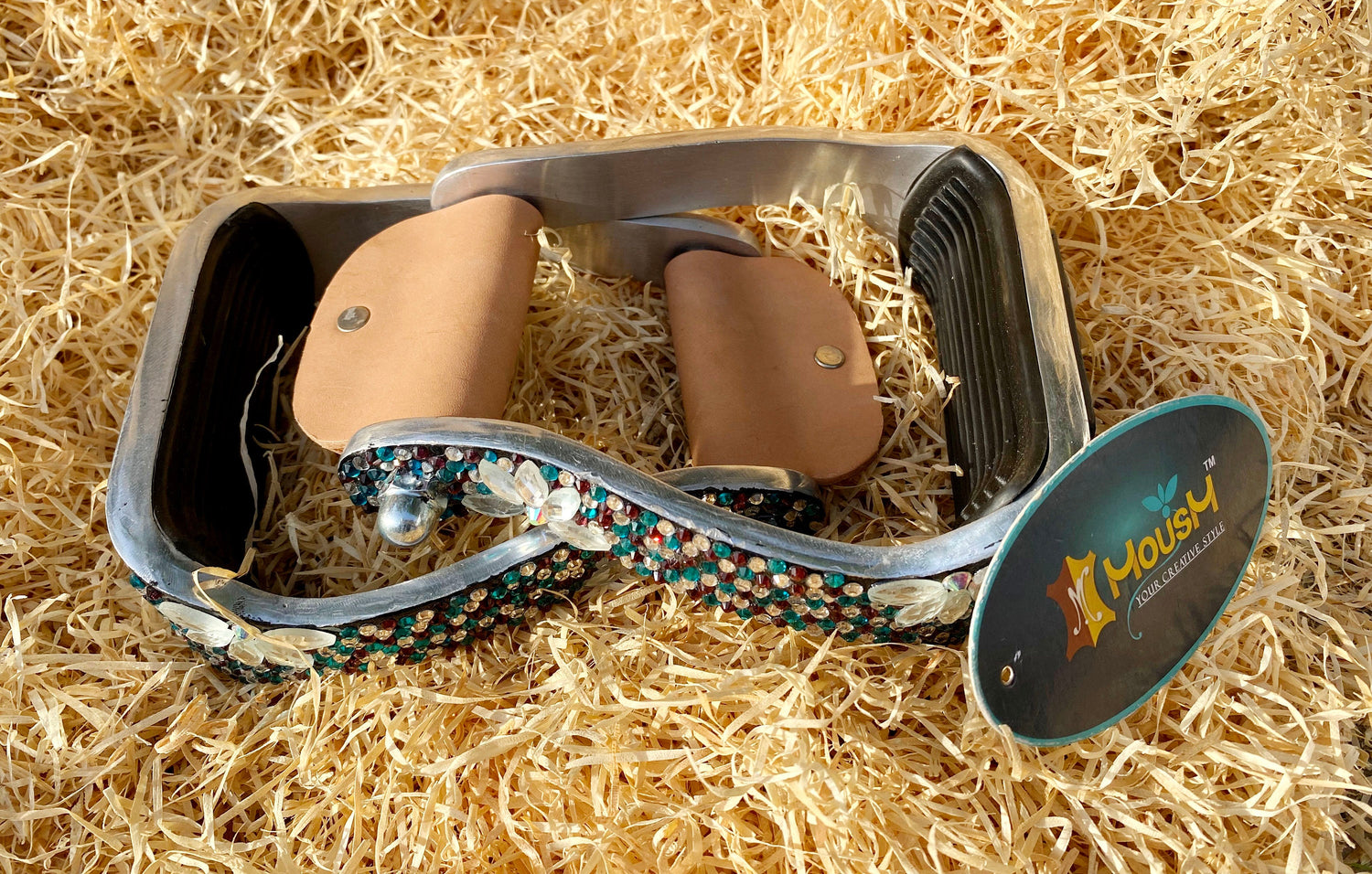 Stirrups come accented with premium glittering blue black brown white rhinestones with silver flower studs by  MOUSM