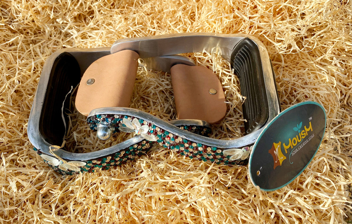 MOUSM Western Horse Stirrups - Aluminum Barrel Stirrups With Glittering Blue-Black-Brown-White Rhinestones &amp; Silver Flower Studs