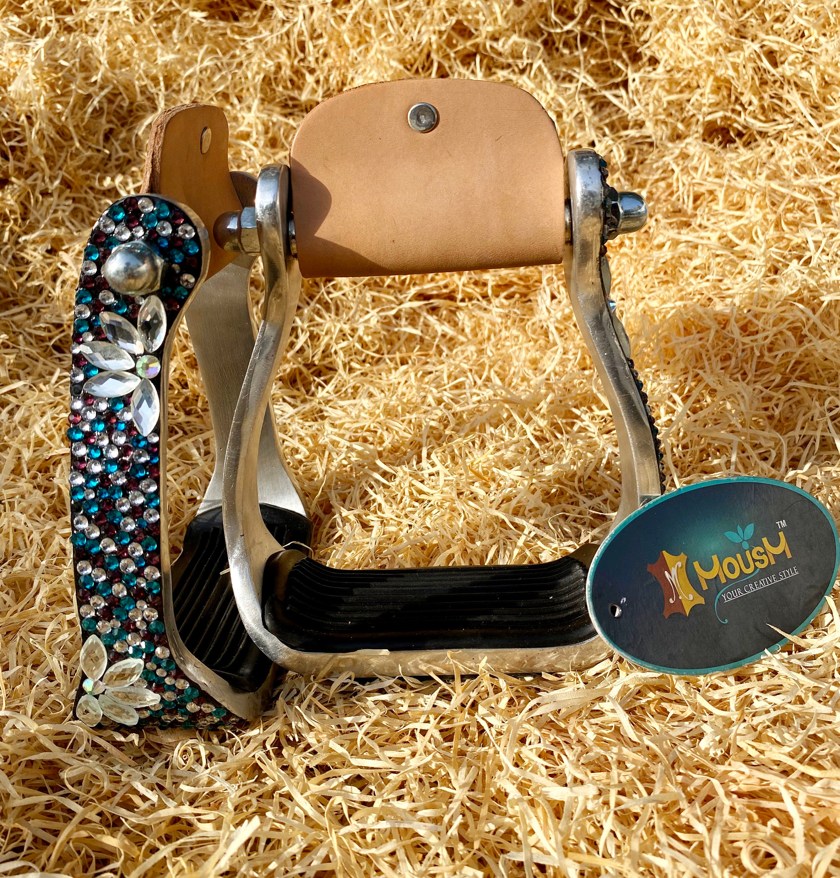 Stirrups come accented with premium glittering blue black brown white rhinestones with silver flower studs by  MOUSM