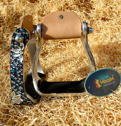 Stirrups come accented with premium glittering blue black brown white rhinestones with silver flower studs by  MOUSM