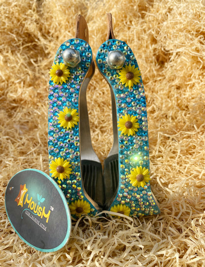 Western Aluminium Barrel Horse Stirrups come accented with premium glitter rhinestone in turquoise inlay and sunflower studs by  MOUSM
