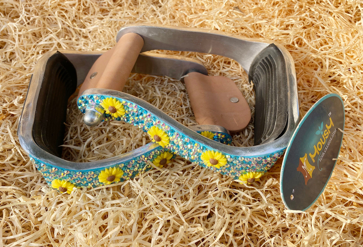 Western Aluminium Barrel Horse Stirrups come accented with premium glitter rhinestone in turquoise inlay and sunflower studs by  MOUSM
