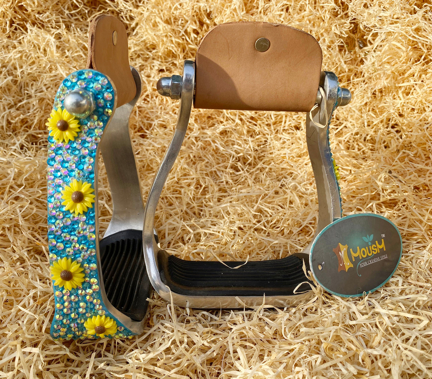 Western Aluminium Barrel Horse Stirrups come accented with premium glitter rhinestone in turquoise inlay and sunflower studs by  MOUSM