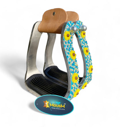 Western Aluminium Barrel Horse Stirrups come accented with premium glitter rhinestone in turquoise inlay and sunflower studs by  MOUSM