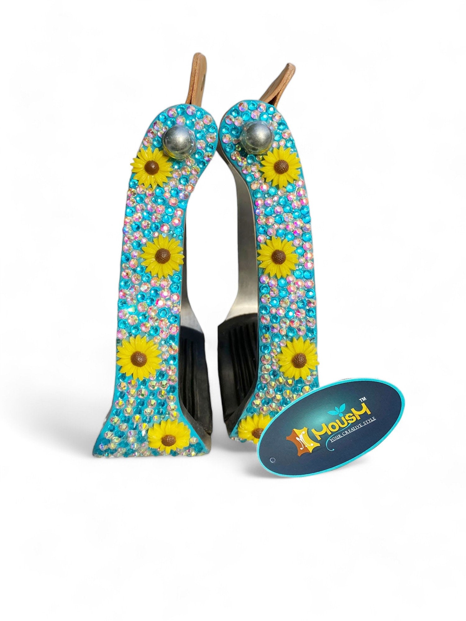 Western Aluminium Barrel Horse Stirrups come accented with premium glitter rhinestone in turquoise inlay and sunflower studs by  MOUSM