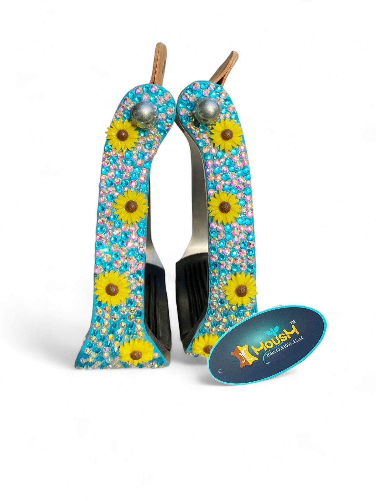 MOUSM Western Horse Stirrups -  Aluminum Barrel Stirrups With Glitter Turquoise Rhinestones &amp; Sunflower Studs