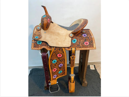 Western Saddle tack, Real handcrafted on real genuine Leather, Barrel Saddle for Horse Riders with Floral back Billet 3&quot; Wide Back Girth