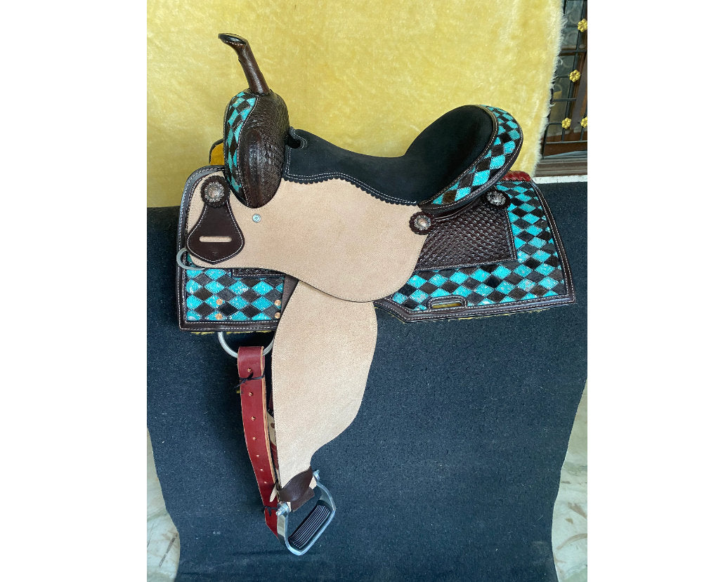 MOUSM Horse Saddle - Built on a Rawhide Covered Fiber Tree, Western Saddle Made from Genuine Leather Black and Turquoise Checkered Design, Seat Sizes: 14&quot;-17&quot; Inches