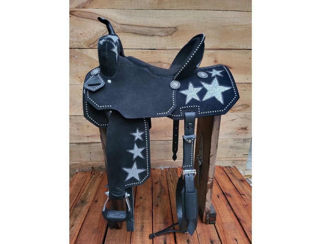 Western Saddle tack, Real handcrafted on real genuine Leather, Barrel Saddle for Horse Riders with black base and silver glitter STAR MOUSM