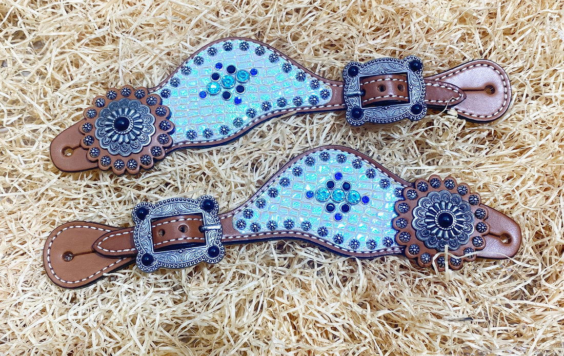 MOUSM Western Spur Straps – Argentina Cow Leather Ladies Spur Straps Decorated with Holographic Snake Print, Sunburst Bead Conchos, and Antique Nickle Buckles