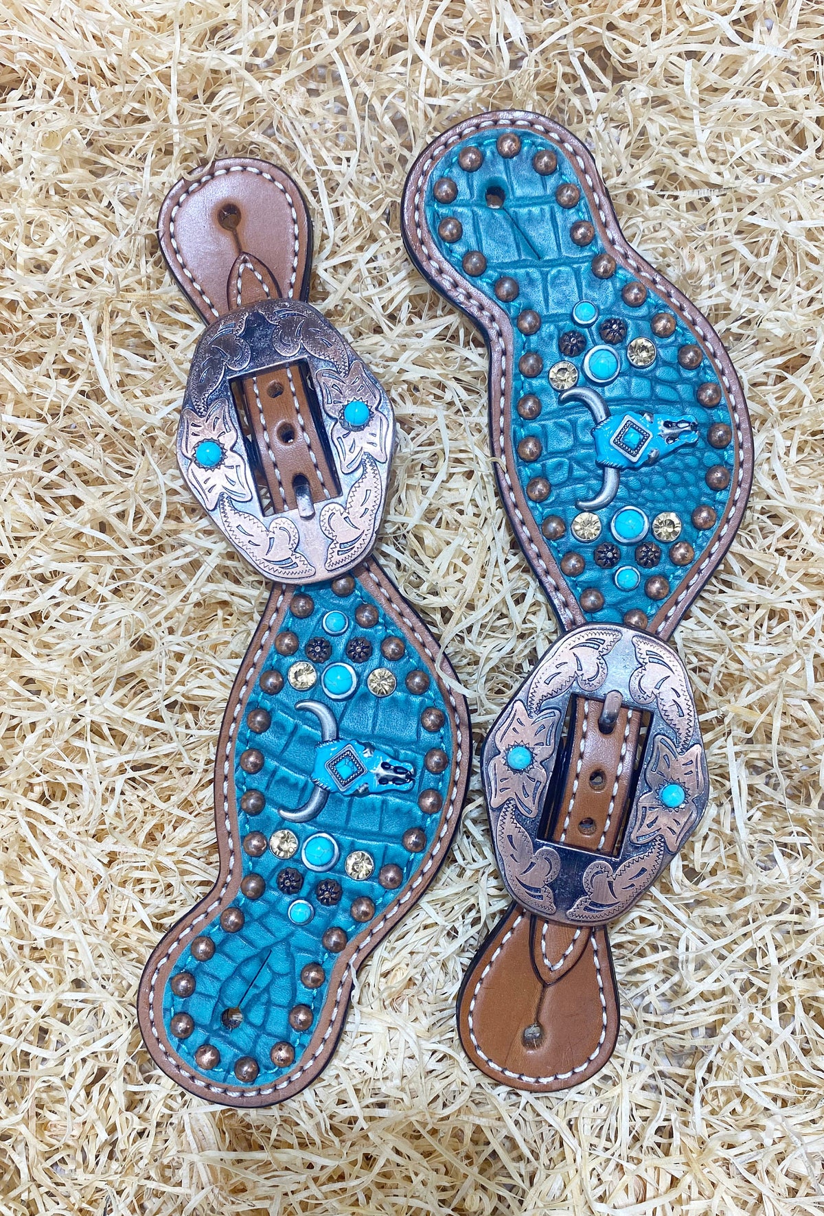 MOUSM Western Spur Straps – Argentina Cow Leather Ladies Spurs Strap Decorated with 3D Bullhead and Beads on Alligator-Patterned Leather, Antique Nickel Buckles