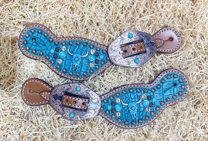 MOUSM Western Spur Straps – Argentina Cow Leather Ladies Spurs Strap Decorated with 3D Bullhead and Beads on Alligator-Patterned Leather, Antique Nickel Buckles
