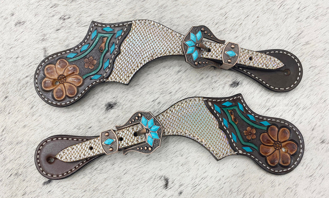 MOUSM Western Spur Straps – Argentina Cow Leather Ladies Spur Straps Decorated with Holographic Snake Pattern, Tooled Flower, Turquoise Inlay &amp; Antique Copper Hardware