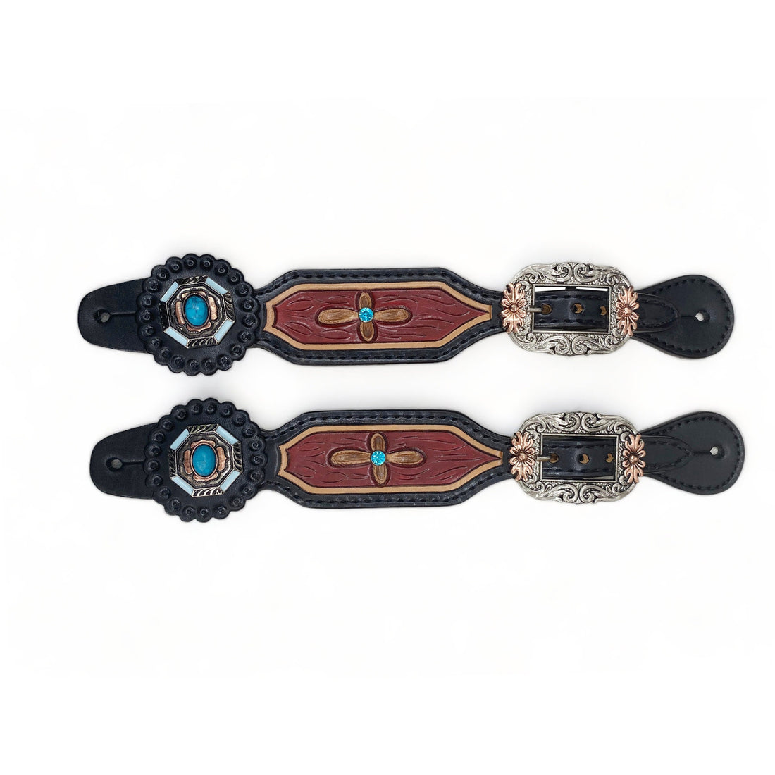 MOUSM Western Spur Straps – Argentina Cow Leather Ladies Spur Straps Decorated with Turquoise Stone, Engraved Leaves Inlay &amp; Antique Nickel Hardware