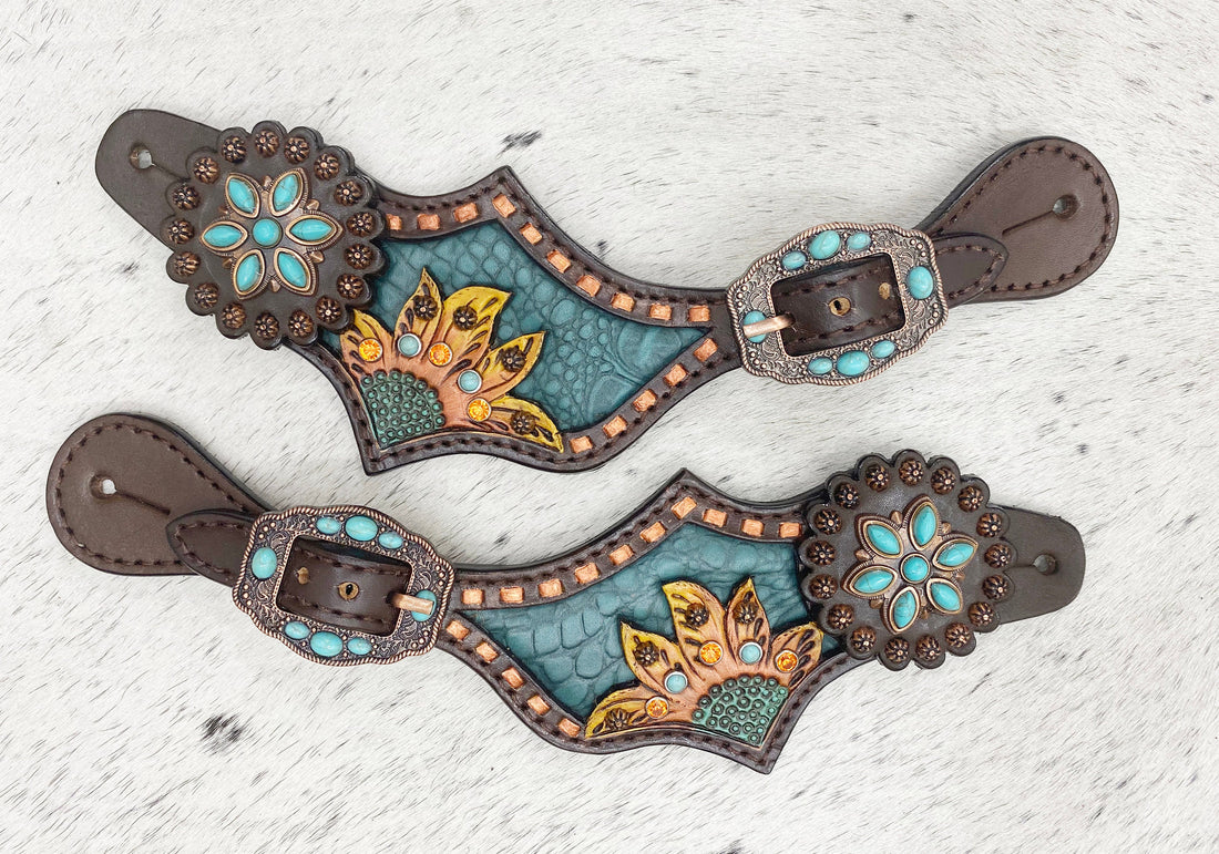 MOUSM Western Spur Straps – Argentina Cow Leather Ladies Spur Straps Decorated with Engraved Sunflower, Alligator-Pattern Inlay, Turquoise Stone Accents &amp; Antique Nickel Hardware