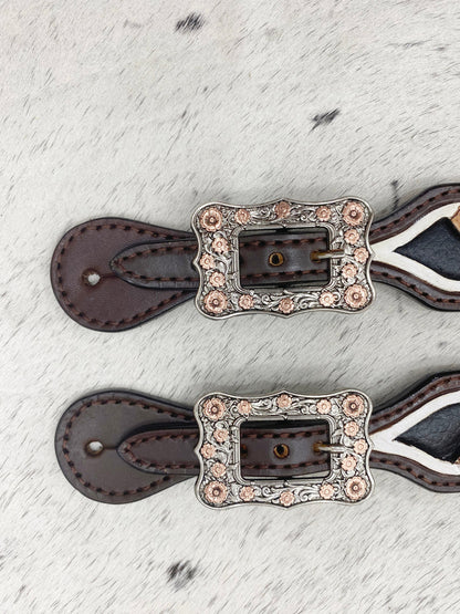 Spurs Leather Ladies Spur strap decorated with Engraved flowers with turquoise stone and white leather fringe at corner concho