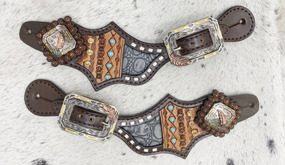 Spurs Leather Ladies Spur strap decorated with alligator and engraved look leather with turquoise rhinestone and buck stitching inlay