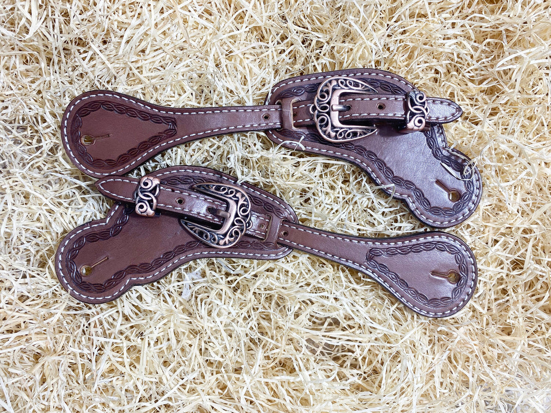 MOUSM Western Spur Straps – Argentina Cow Leather Men’s Spur Straps Decorated with Hand-Tooled Corners on Plain Dark Brown Leather for a Classic Western Look &amp; Antique Copper Hardware