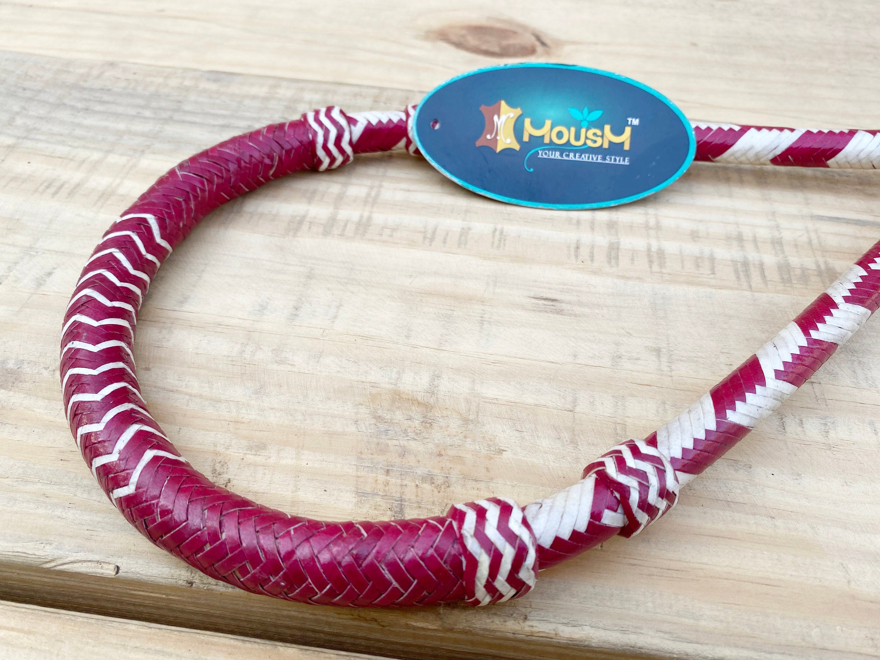 Horse Bosal Dark Cherry &amp; White/Natural Rawhide, 40 Plaits Bosal, 5/8&quot; Thickness High-Quality Bosal, Handmade Bosal.