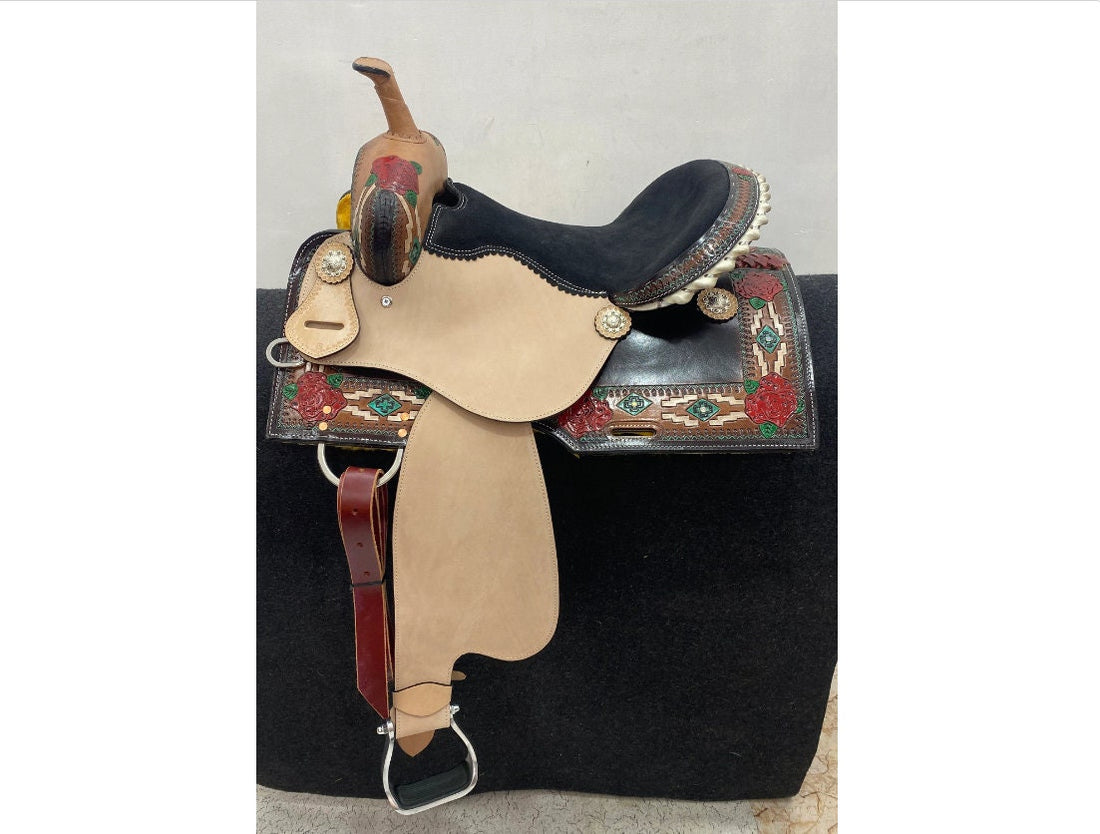 MOUSM Western Saddle -  Genuine Leather Vintage Racing Horse Saddle Hand-Tooled Rose Design, Build on a Rawhide Covered Strong Fiber Tree, Available Seat Sizes: 14&quot;-17&quot;Inches