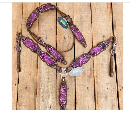 Valentine Day Western Leather Headstall and Breast Collar tack Set for the horse, Western headstall  print pink alligator inlay with stone