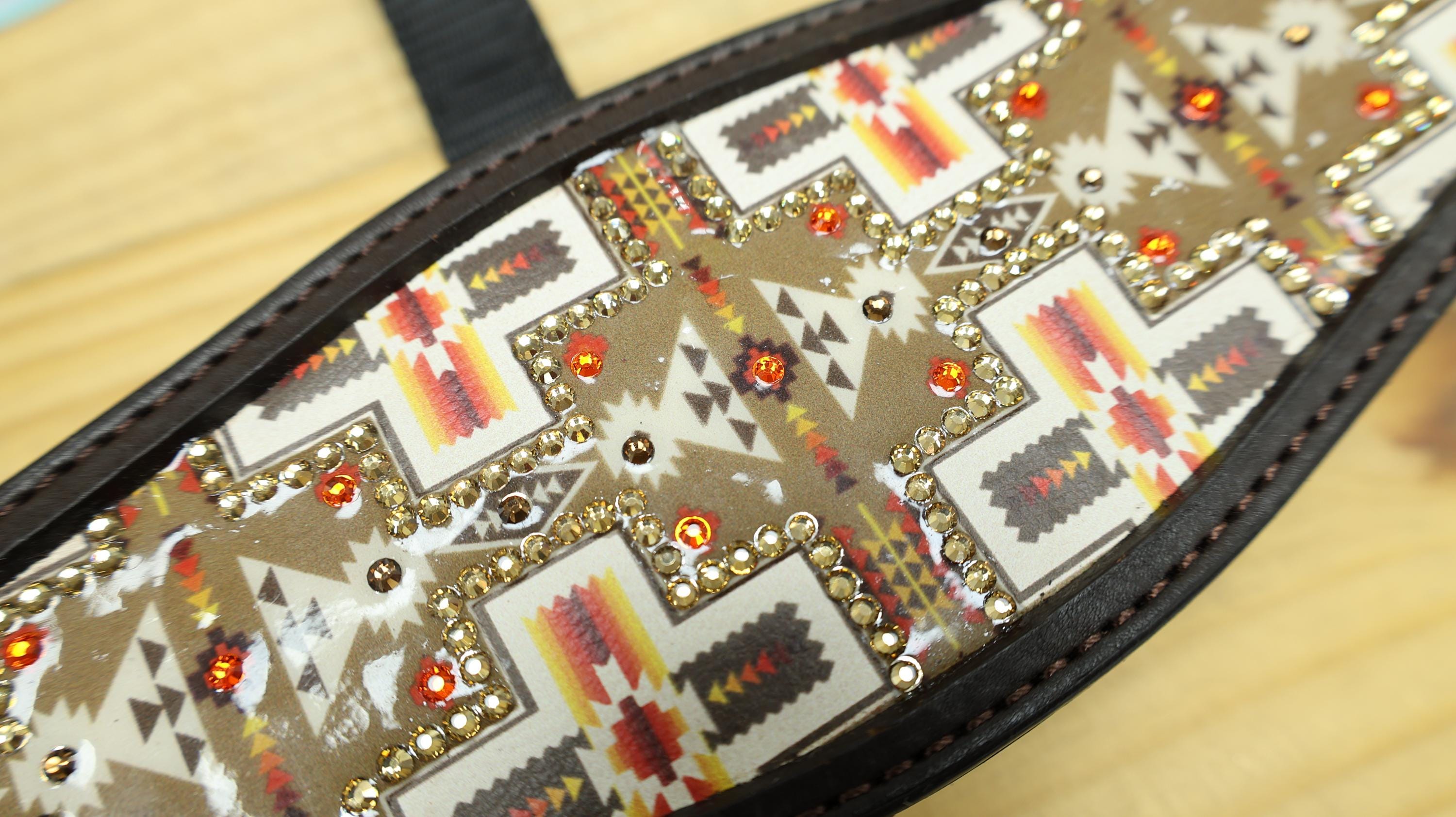 Genuine Argentina Cow leather Bronc Halter for Horses, Decorated with Congress conchos with stones and Aztec print decorated with stones