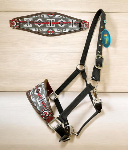 Genuine Argentina Cow leather Bronc Halter for Horses, with Congress conchos with stones and black &amp; white southwest print with stones