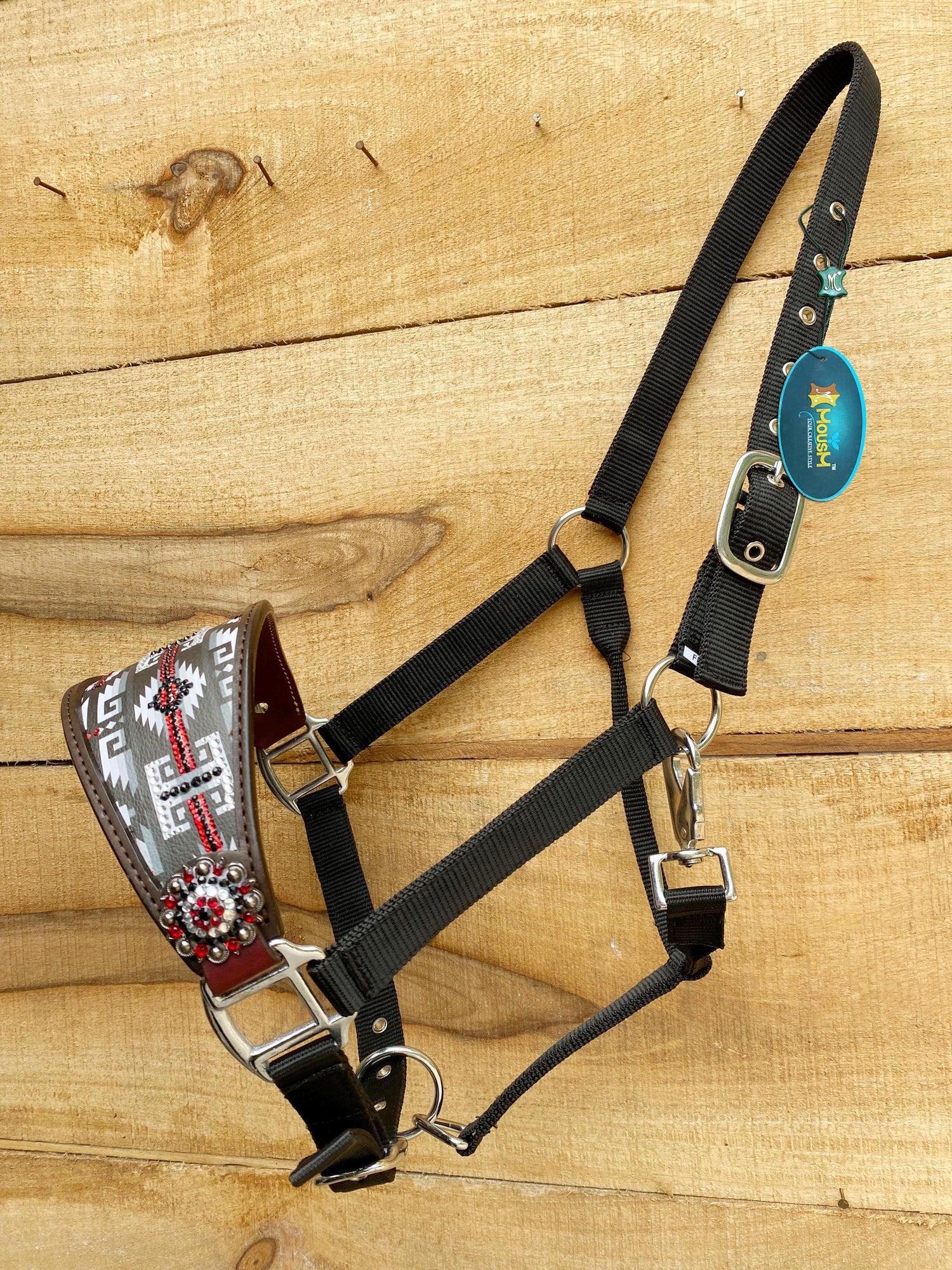 Genuine Argentina Cow leather Bronc Halter for Horses, with Congress conchos with stones and black &amp; white southwest print with stones