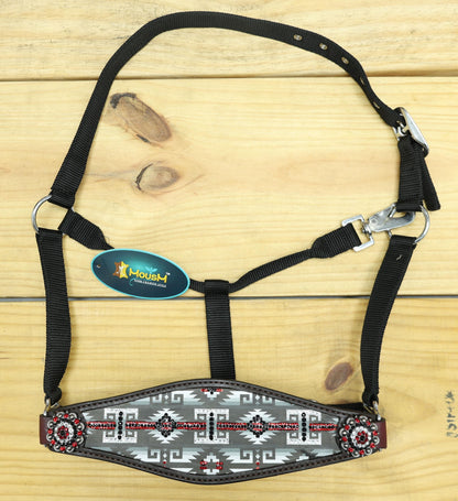 Genuine Argentina Cow leather Bronc Halter for Horses, with Congress conchos with stones and black &amp; white southwest print with stones