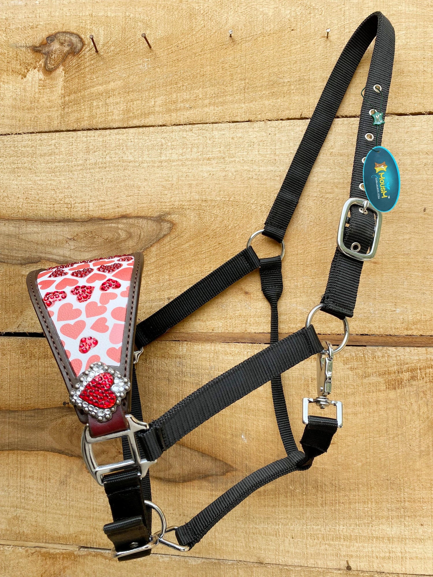 Genuine Argentina Cow leather Bronc Halter for Horses, Bronc Halter Decorated with heart conchos with stone and heart print with red stones