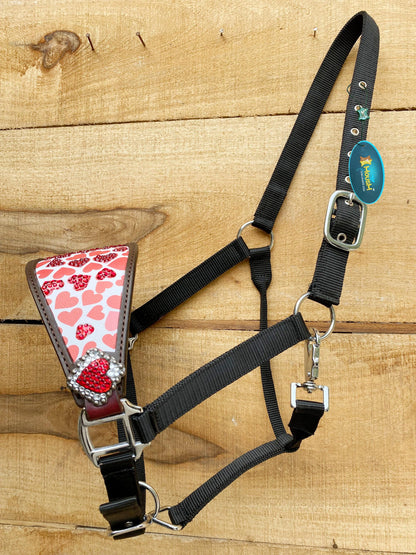 Genuine Argentina Cow leather Bronc Halter for Horses, Bronc Halter Decorated with heart conchos with stone and heart print with red stones