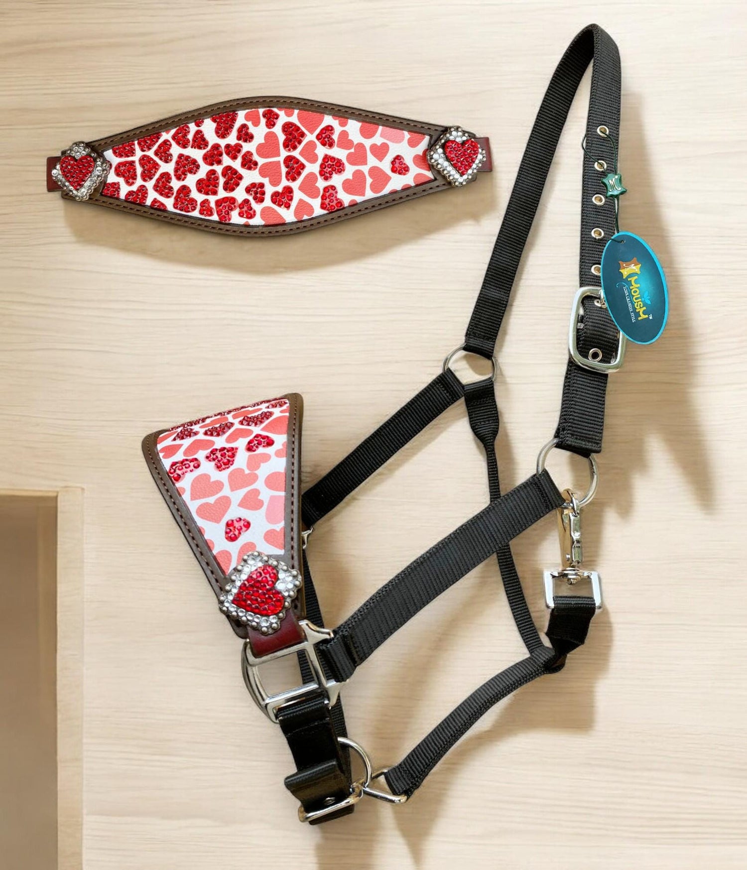 Genuine Argentina Cow leather Bronc Halter for Horses, Bronc Halter Decorated with heart conchos with stone and heart print with red stones