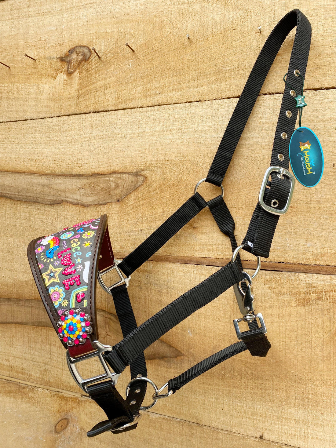 Genuine Argentina Cow leather Bronc Halter for Horses, Bronc Halter Decorated with funky fluorescent print with stones by Mousm