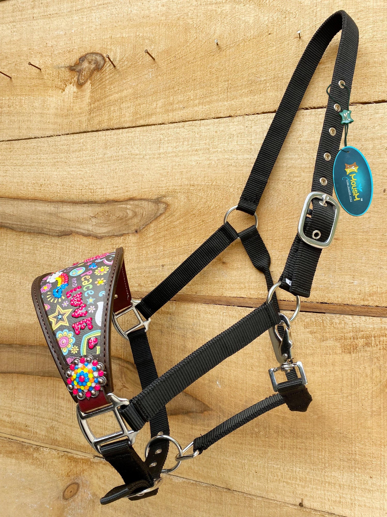 Genuine Argentina Cow leather Bronc Halter for Horses, Bronc Halter Decorated with funky fluorescent print with stones by Mousm