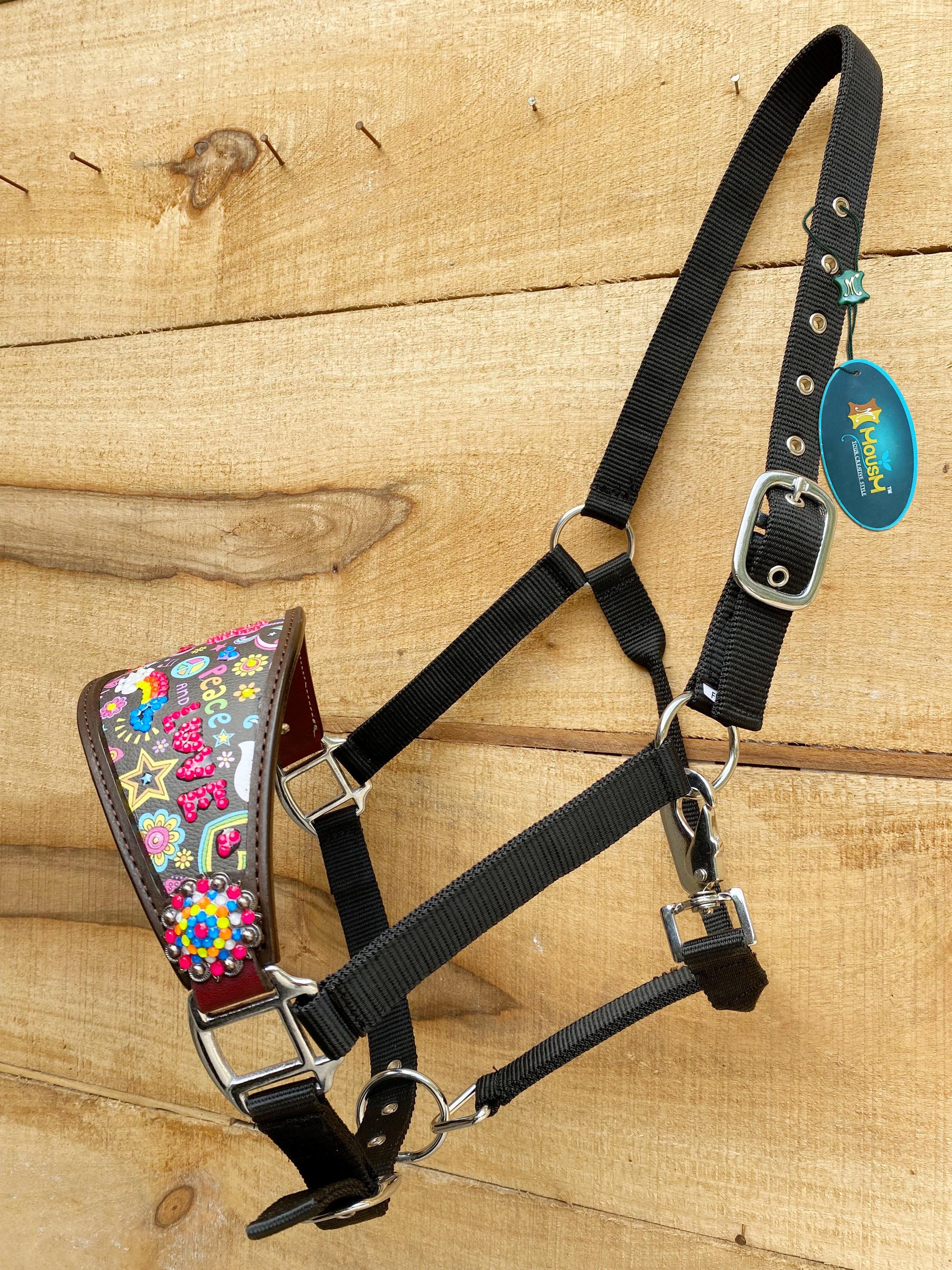 Genuine Argentina Cow leather Bronc Halter for Horses, Bronc Halter Decorated with funky fluorescent print with stones by Mousm