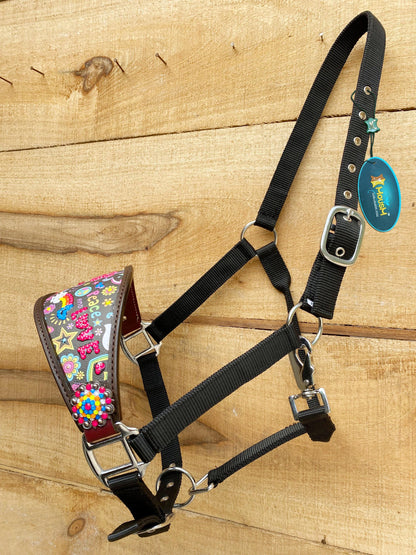 Genuine Argentina Cow leather Bronc Halter for Horses, Bronc Halter Decorated with funky fluorescent print with stones by Mousm