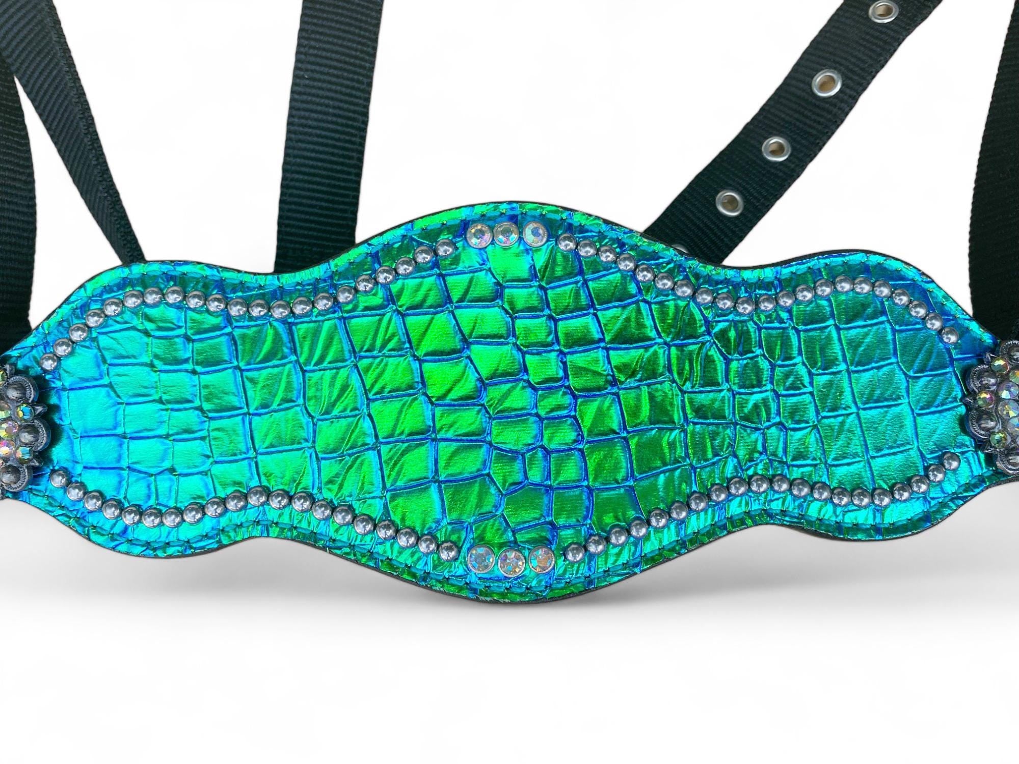 Genuine Argentina Cow leather Bronc Halter for Horses, Bronc Halter Decorated with reflecting turquoise alligator print  &amp; rhinestone concho