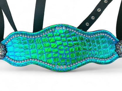 Genuine Argentina Cow leather Bronc Halter for Horses, Bronc Halter Decorated with reflecting turquoise alligator print  &amp; rhinestone concho