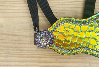 Genuine Argentina Cow leather Bronc Halter for Horses, Bronc Halter Decorated with reflecting green yellow alligator print rhinestone concho