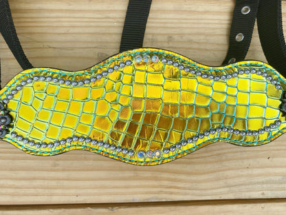 Genuine Argentina Cow leather Bronc Halter for Horses, Bronc Halter Decorated with reflecting green yellow alligator print rhinestone concho