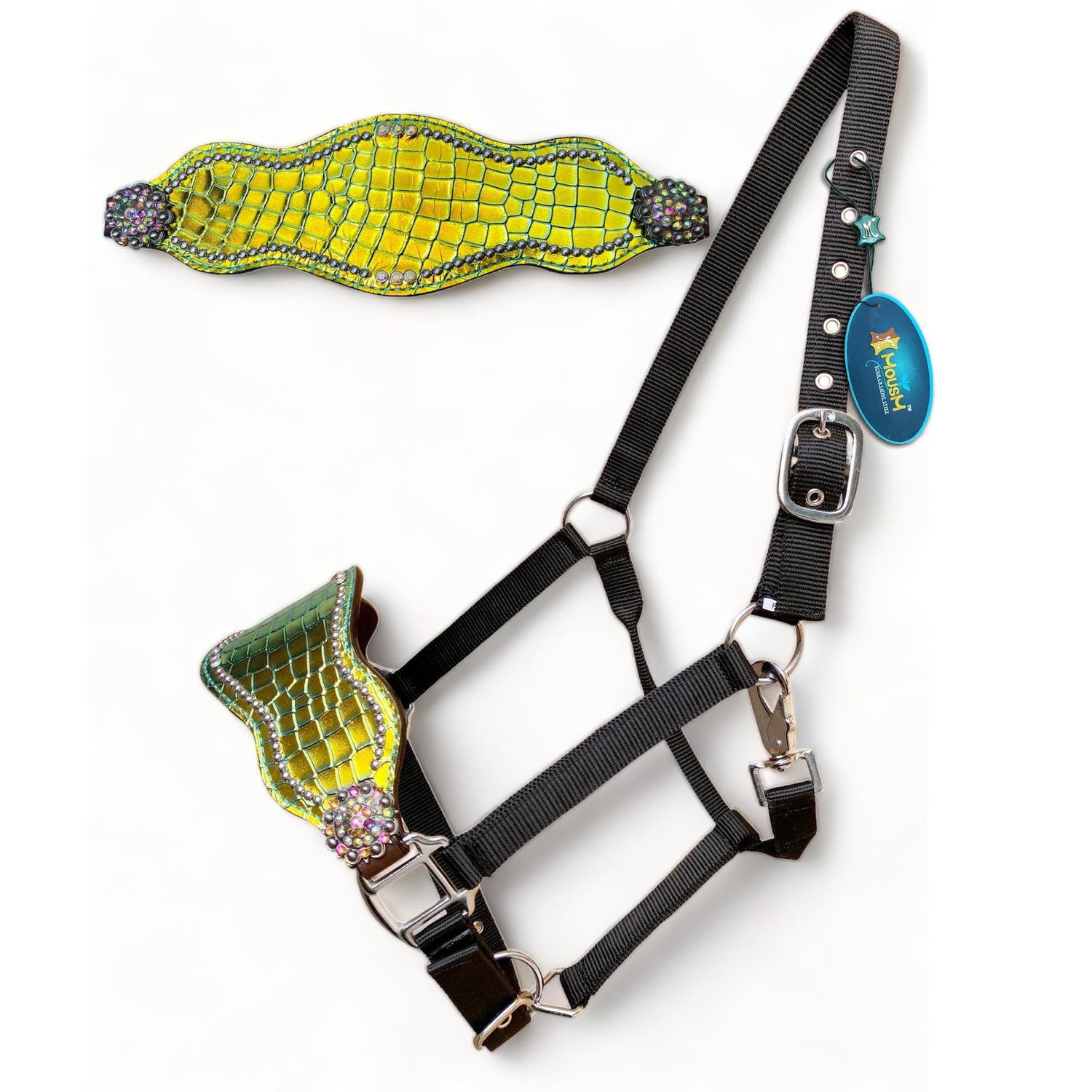 Genuine Argentina Cow leather Bronc Halter for Horses, Bronc Halter Decorated with reflecting green yellow alligator print rhinestone concho