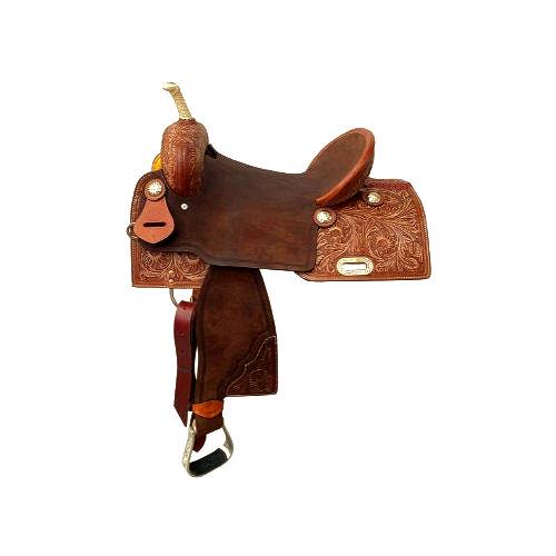 MOUSM Western Horse Saddle – Handcrafted Barrel Saddle Built on a Rawhide-Covered Fiber Tree with Hand-Tooled Sunflower Design &amp; Fancy Conchos, Seat Sizes: 13"–17" Inches