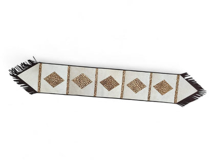 MOUSM Real Cow Hide Leather Embroidered Table Runner 72 inches -Leopard Print with Hand Tassels for Farmhouse Rustic Wedding Dinner party