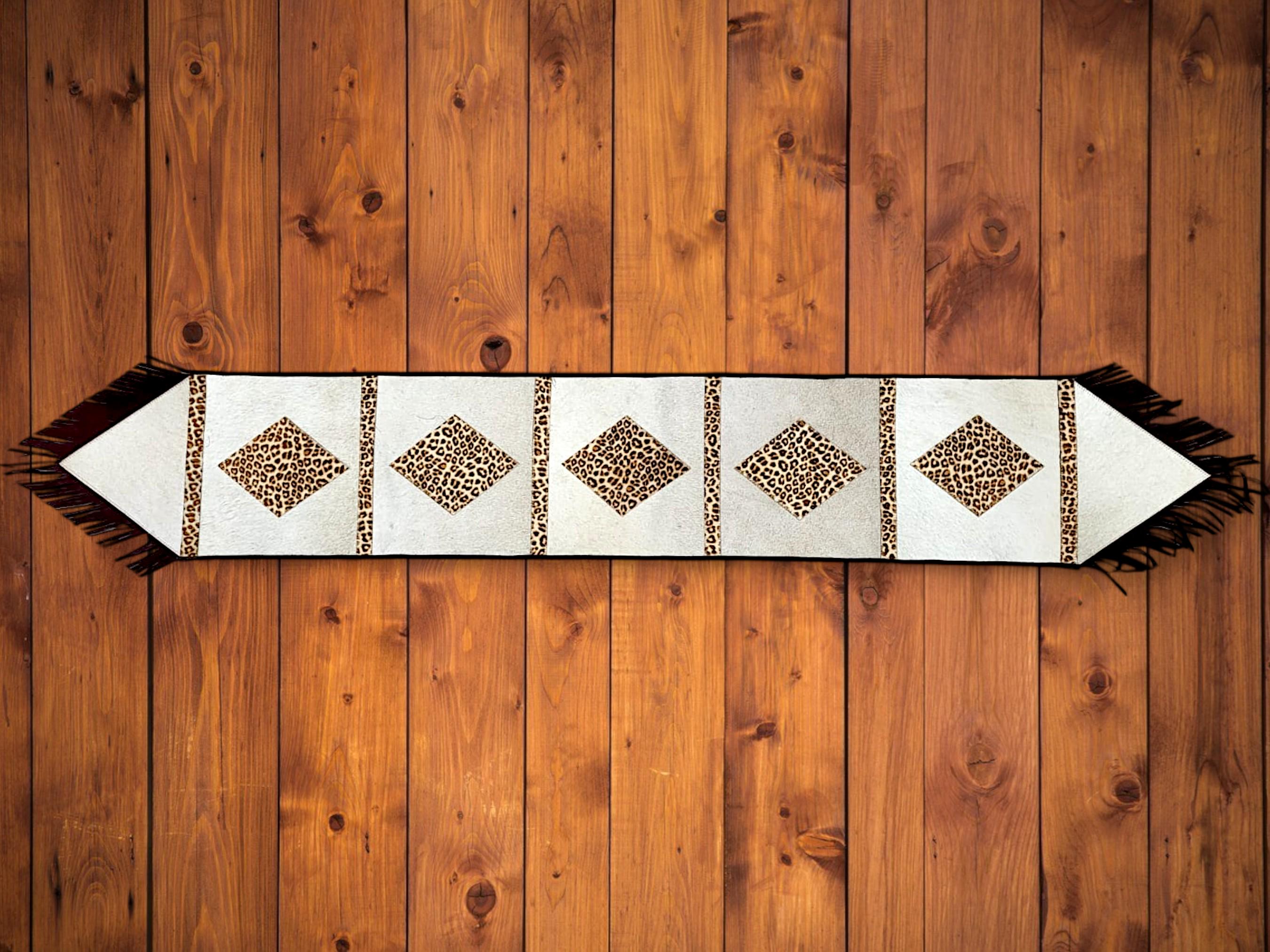 MOUSM Real Cow Hide Leather Embroidered Table Runner 72 inches -Leopard Print with Hand Tassels for Farmhouse Rustic Wedding Dinner party