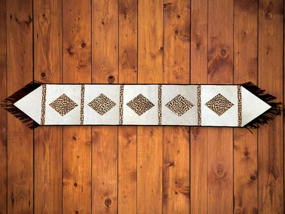 MOUSM Real Cow Hide Leather Embroidered Table Runner 72 inches -Leopard Print with Hand Tassels for Farmhouse Rustic Wedding Dinner party
