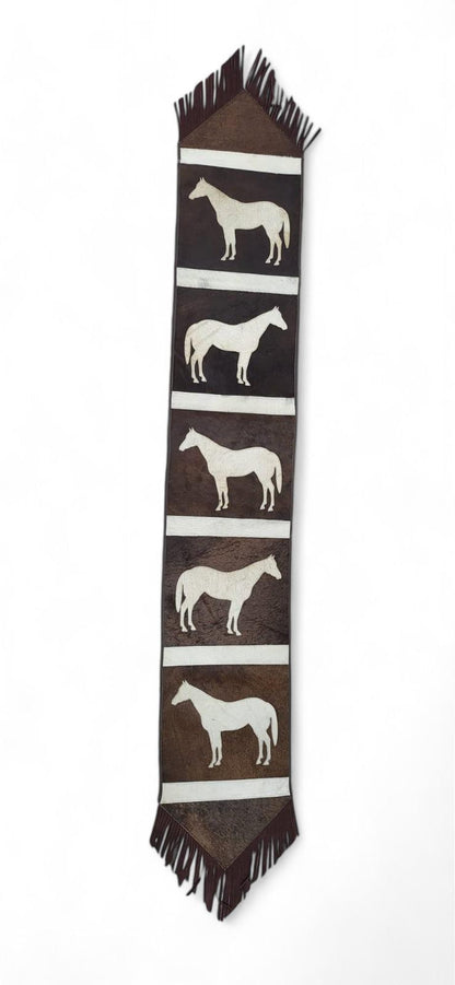 MOUSM Real Cow Hide Leather Embroidered Table Runner 72 inches -Horse Cutout Print with Hand Tassels for Farmhouse Rustic Wedding Dinner