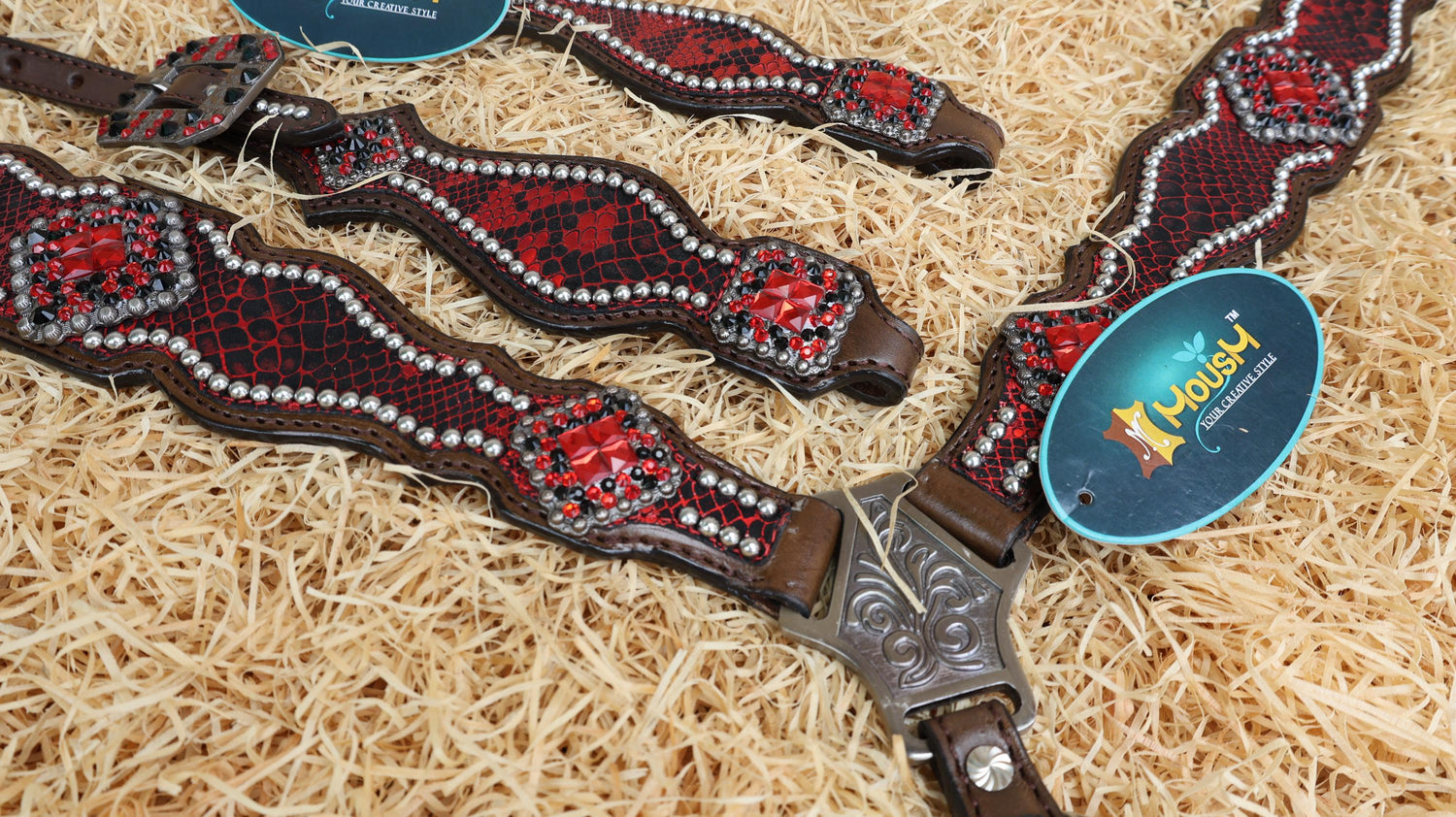 MOUSM Valentine’s Special Breast Collar and Headstall Set – Western Headstall Tack Argentina Cow Leather with Red &amp; Black Rhinestone Detailing on Metallic Red Snake Print