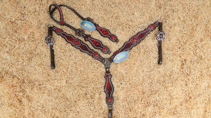 MOUSM Valentine’s Special Breast Collar and Headstall Set – Western Headstall Tack Argentina Cow Leather with Red &amp; Black Rhinestone Detailing on Metallic Red Snake Print