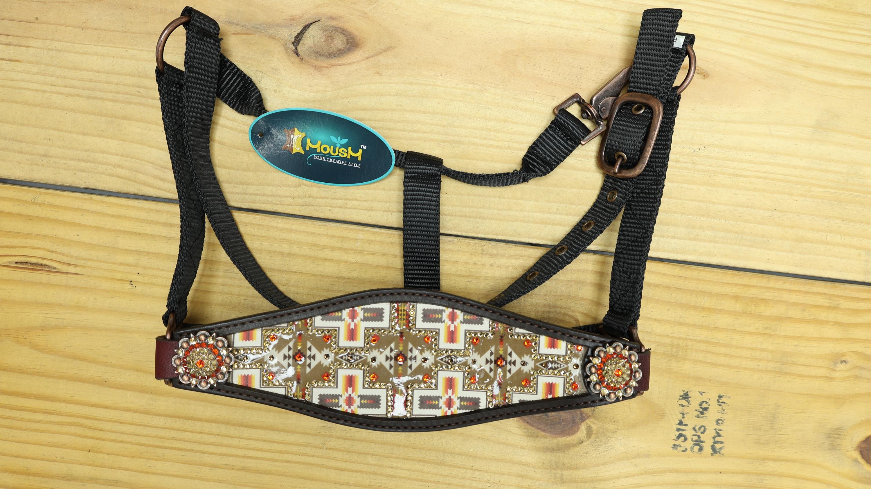 Genuine Argentina Cow leather Bronc Halter for Horses, Decorated with Congress conchos with stones and Aztec print decorated with stones